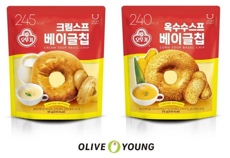 2021년 오뚜기와 함께 낸 크림스프·옥수수스프 베이글칩. 사진=CJ올리브영 제공