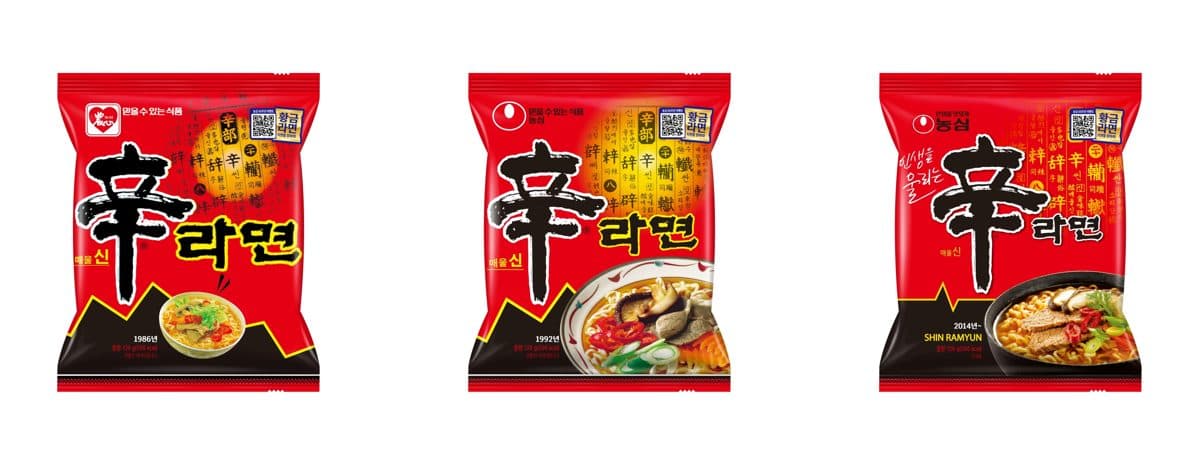 신라면 히스토리팩. 왼쪽부터 1986년, 1992년, 2014년 패키지 디자인. 사진=농심 제공