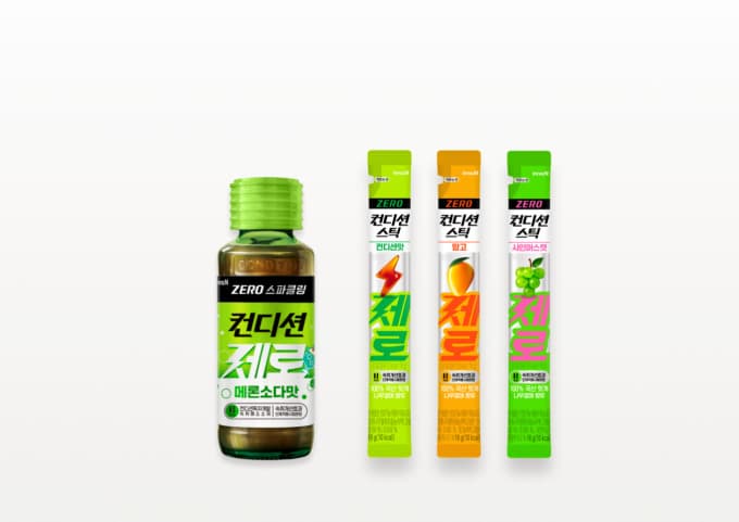 HK이노엔 컨디션 제로 스파클링과 컨디션스틱 제로(2026년 1월). 숙취해소제까지 건너간 제로 슈거 — 제로가 정체성이 된 사례. 사진=HK이노엔 제공